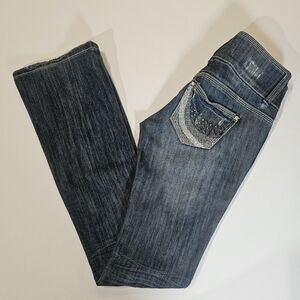 Almost Famous‎ Jeans Womens Size 1 Dark Distressed Boot Cut Flare Leg Y2K…